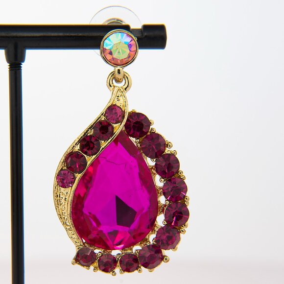 Statement Teardrop Earrings | Fuchsia Crystal Dangle | Gold Tone Glam - Picture 4 of 7